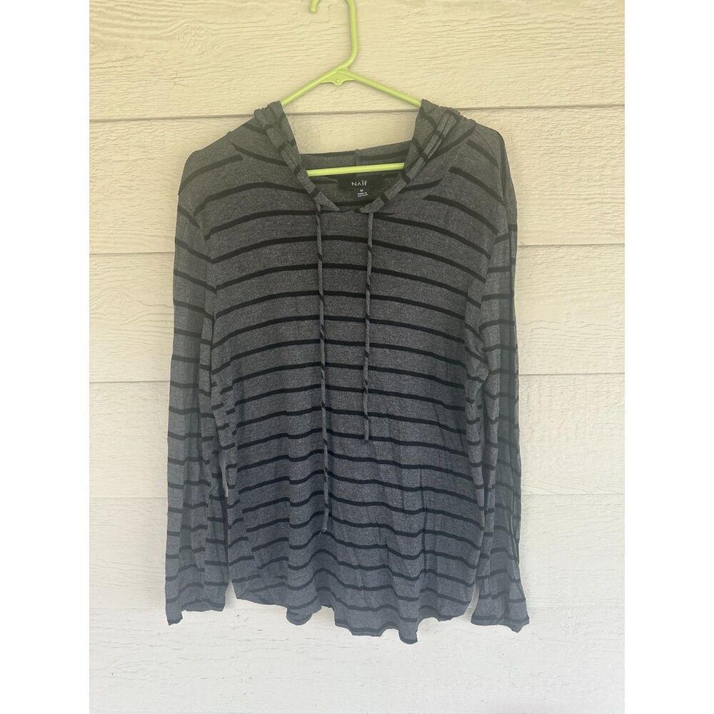 NAÏF Heather Grey and Black Striped Lightweight Pullover Hoodie - Size M